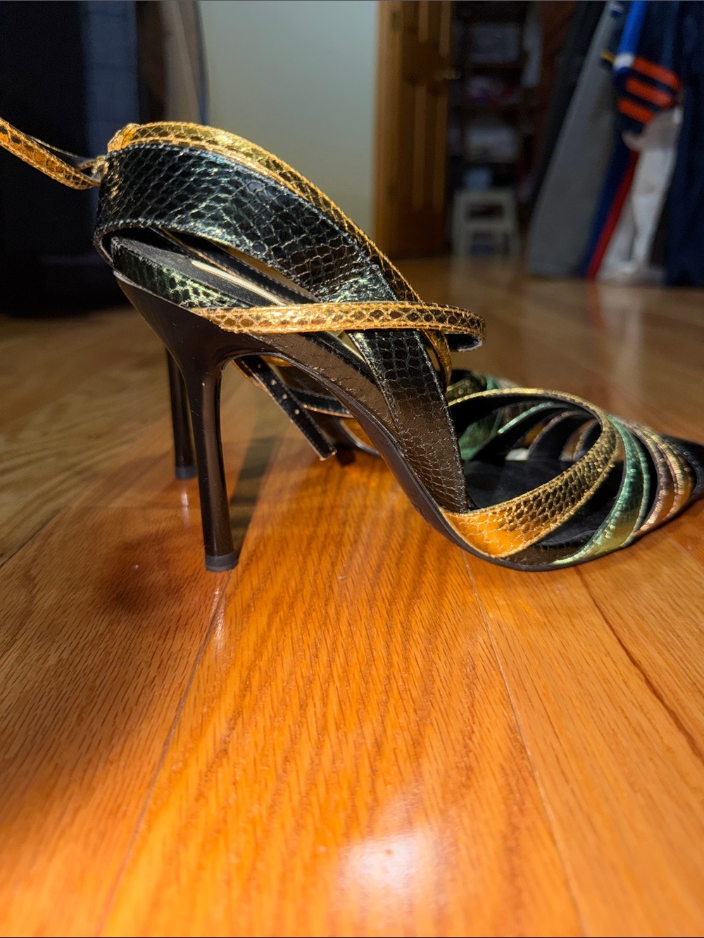 Zara Metallic Gold, Green & Black Strappy Pointed-Toe Heels - Picture 3 of 5